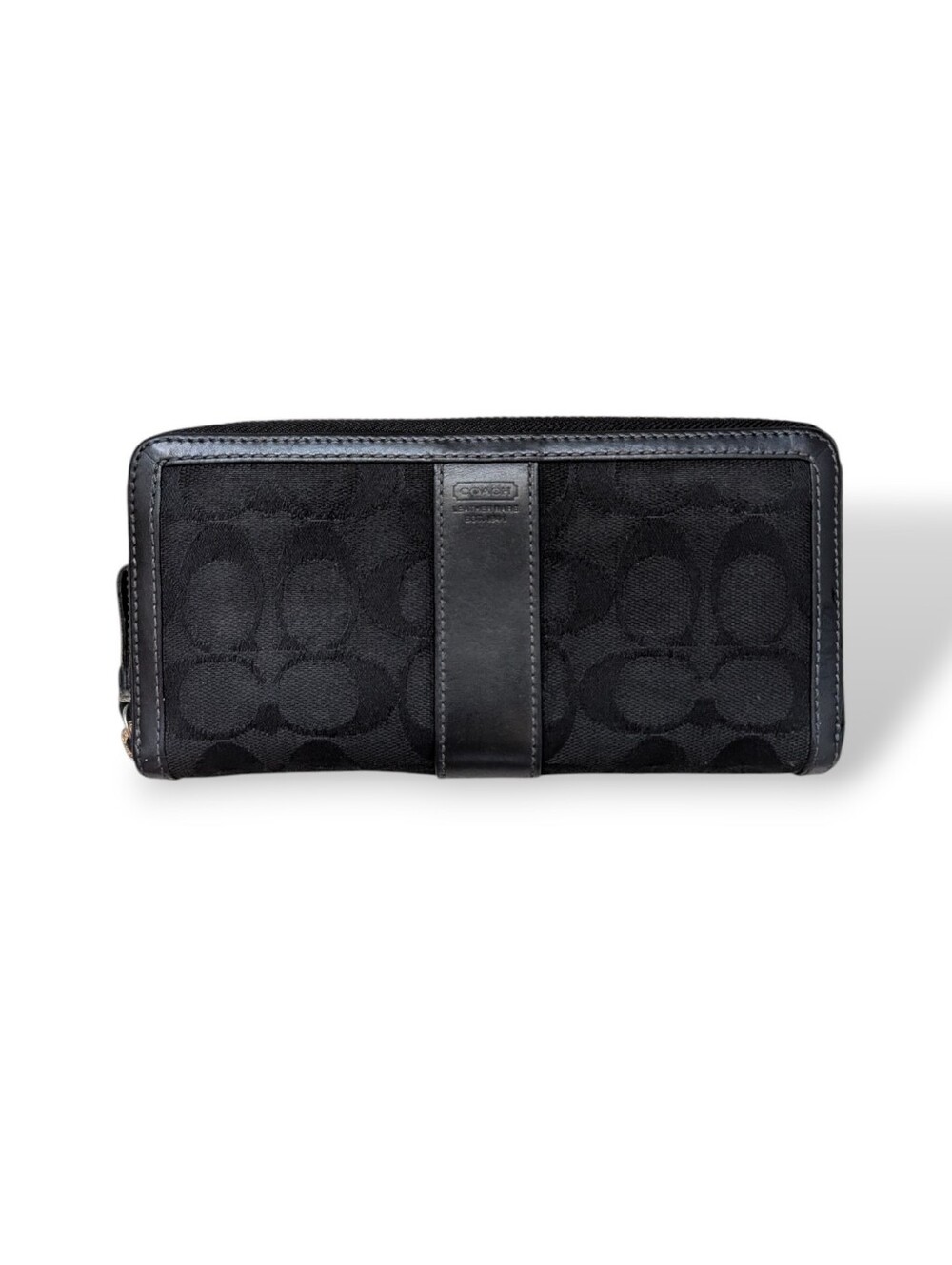 Coach Signature C Long Wallet Black Jacquard Zip Around Monogram Leather Trim